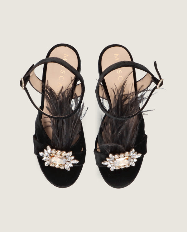 MASCARÓ JOSEPHINE FEATHER CRYSTAL VELVET PLATFORM SANDAL