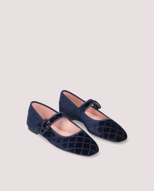 CAMILLE NAVY QUILTED VELVET MARY JANE BALLET FLAT