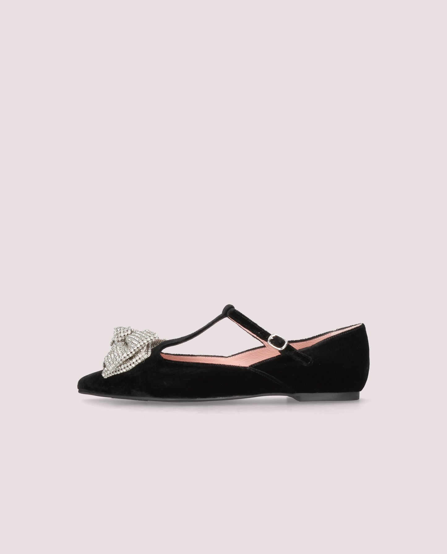 ELLA BLACK VELVET CRYSTAL BOW T-BAR BALLET FLAT