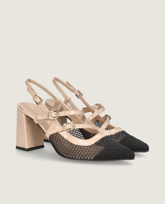 MASCARÓ BRIGITTE BLACK MESH NUDE PATENT BLOCK HEEL SLINGBACK
