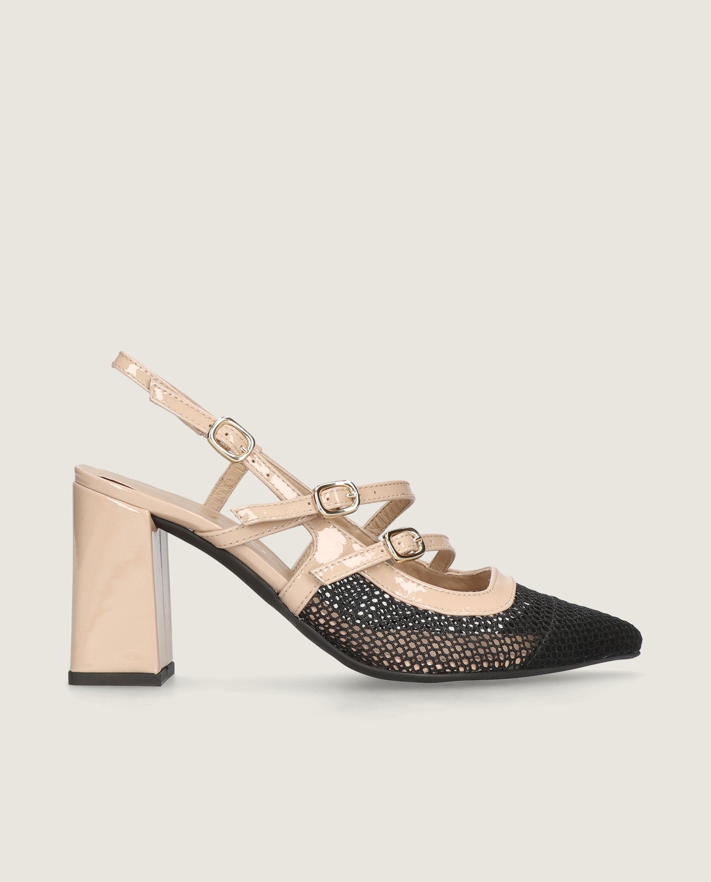 MASCARÓ BRIGITTE BLACK MESH NUDE PATENT BLOCK HEEL SLINGBACK