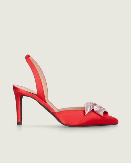 MASCARÓ RITA RED SATIN CRYSTAL BOW SLINGBACK PUMP