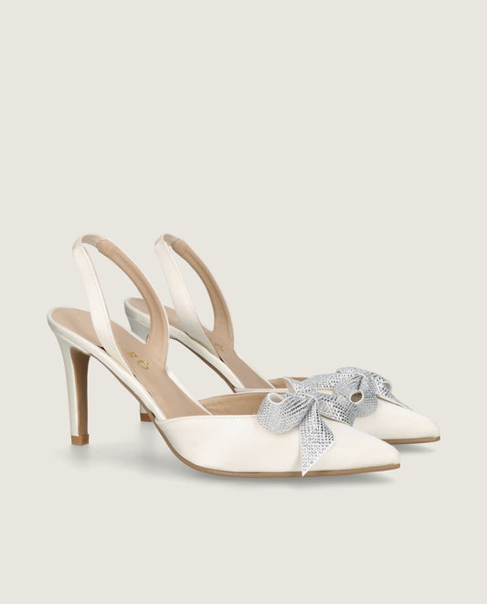 MASCARÓ GRACE IVORY SATIN CRYSTAL BOW SLINGBACK