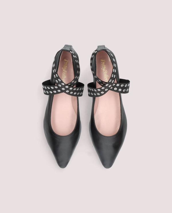 JENDAYI BLACK LEATHER EYELET CROSS-STRAP BALLET FLAT