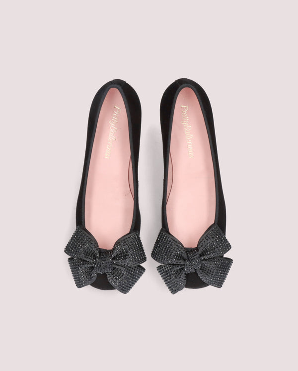 NICOLE BLACK SUEDE CRYSTAL BOW LOW HEEL BALLET FLAT