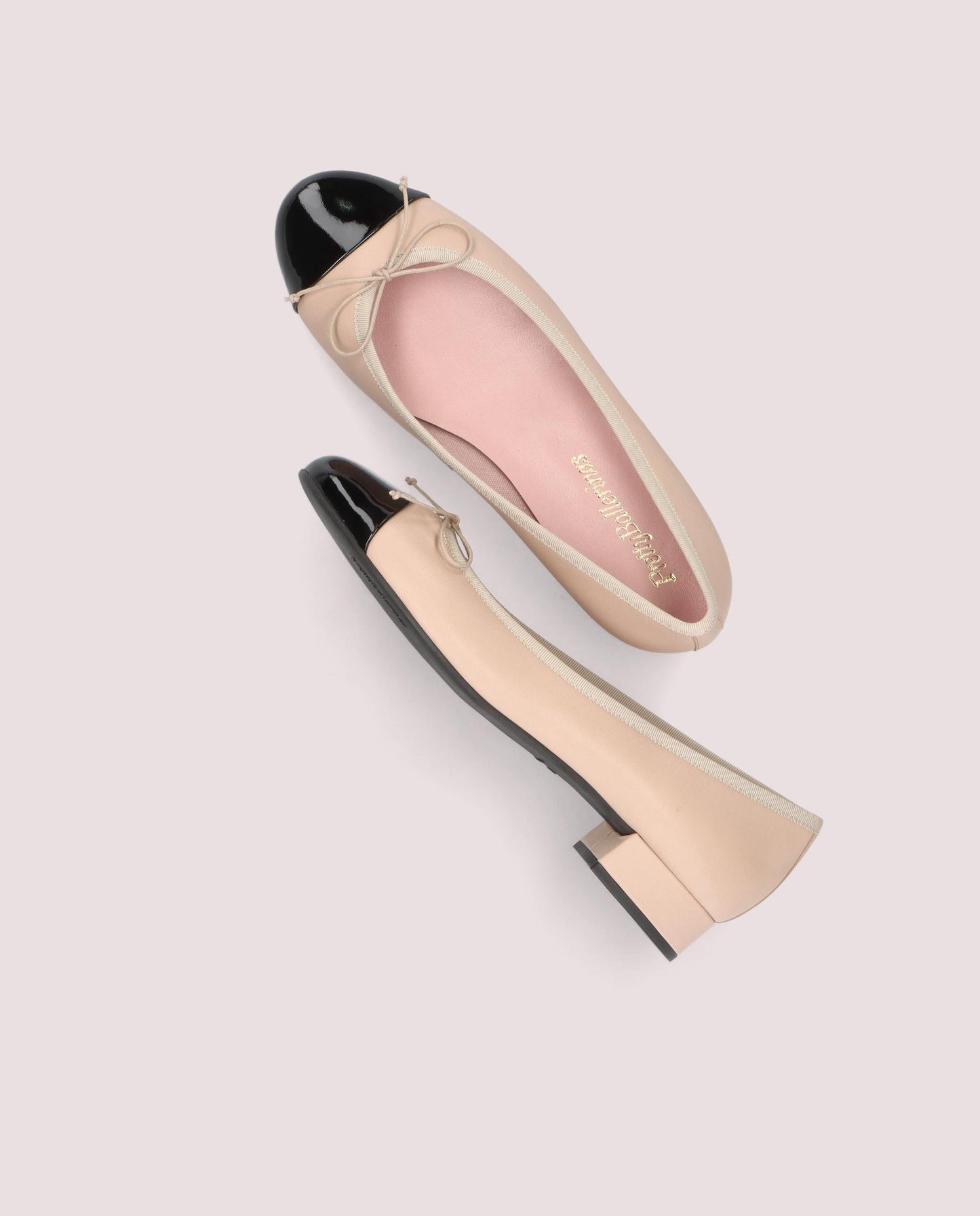 NICOLE NUDE LEATHER BLACK PATENT CAP TOE LOW HEEL BALLET FLAT