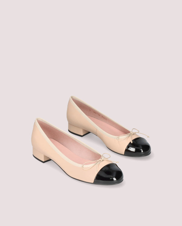 NICOLE NUDE LEATHER BLACK PATENT CAP TOE LOW HEEL BALLET FLAT