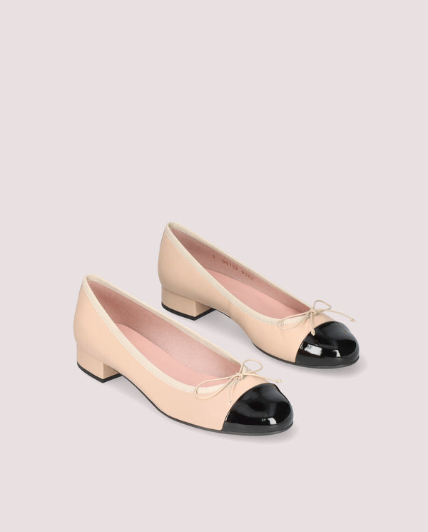 NICOLE NUDE LEATHER BLACK PATENT CAP TOE LOW HEEL BALLET FLAT