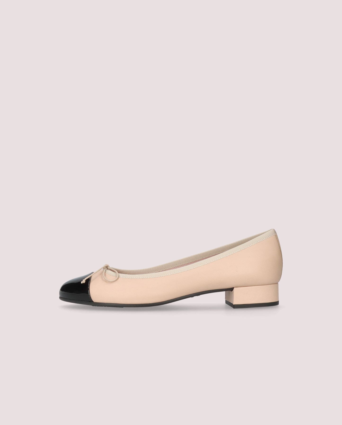 NICOLE NUDE LEATHER BLACK PATENT CAP TOE LOW HEEL BALLET FLAT