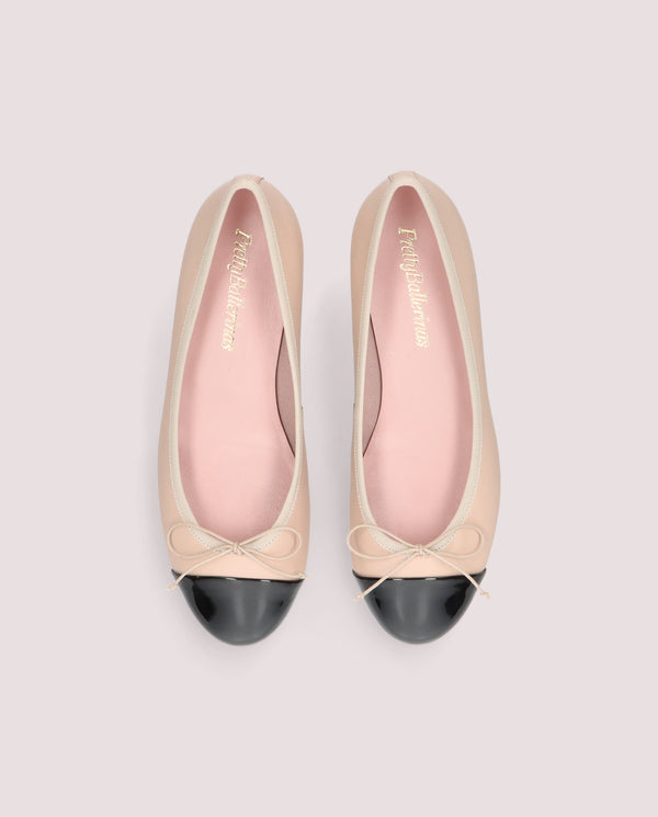 NICOLE NUDE LEATHER BLACK PATENT CAP TOE LOW HEEL BALLET FLAT