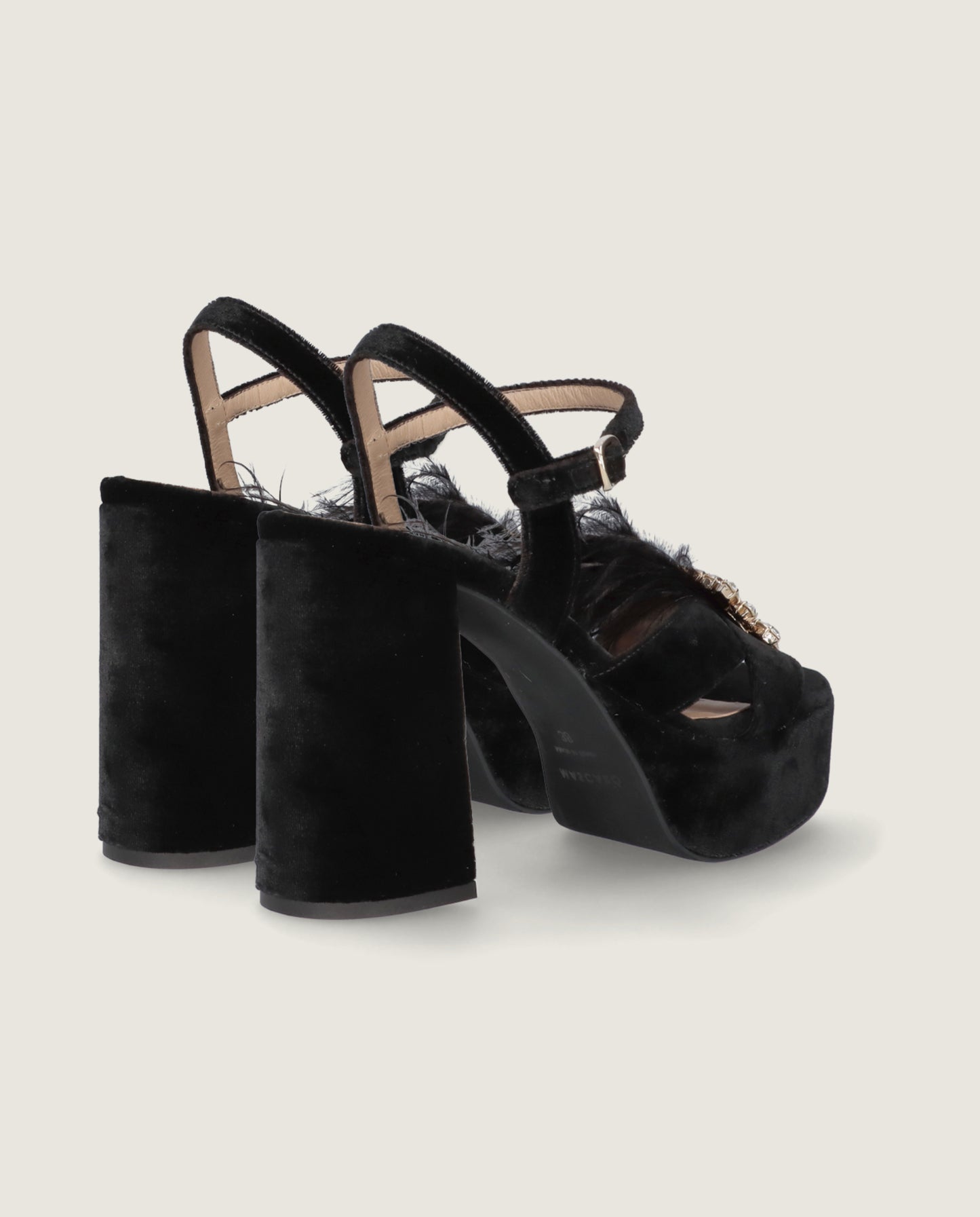 MASCARÓ JOSEPHINE FEATHER CRYSTAL VELVET PLATFORM SANDAL