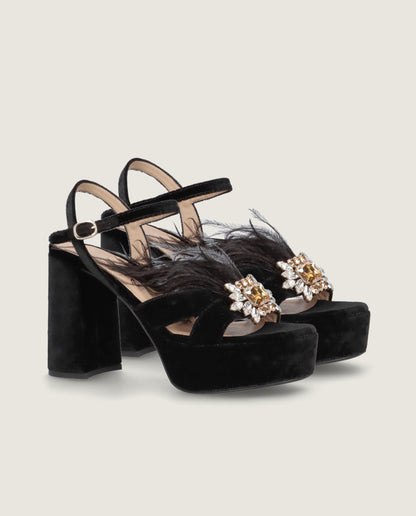 MASCARÓ JOSEPHINE FEATHER CRYSTAL VELVET PLATFORM SANDAL