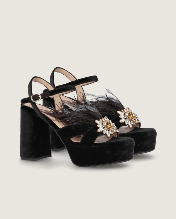 MASCARÓ JOSEPHINE FEATHER CRYSTAL VELVET PLATFORM SANDAL