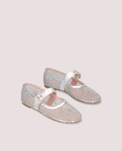 GEORGIA SILVER GLITTER MESH CRYSTAL BUCKLE MARY JANE BALLET FLAT