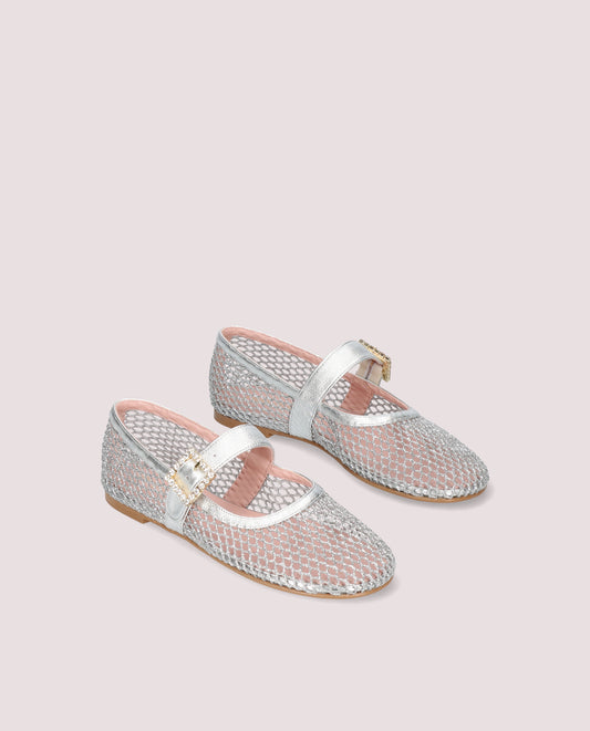 GEORGIA SILVER GLITTER MESH CRYSTAL BUCKLE MARY JANE BALLET FLAT