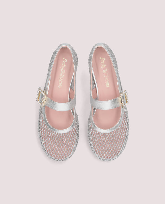 GEORGIA SILVER GLITTER MESH CRYSTAL BUCKLE MARY JANE BALLET FLAT