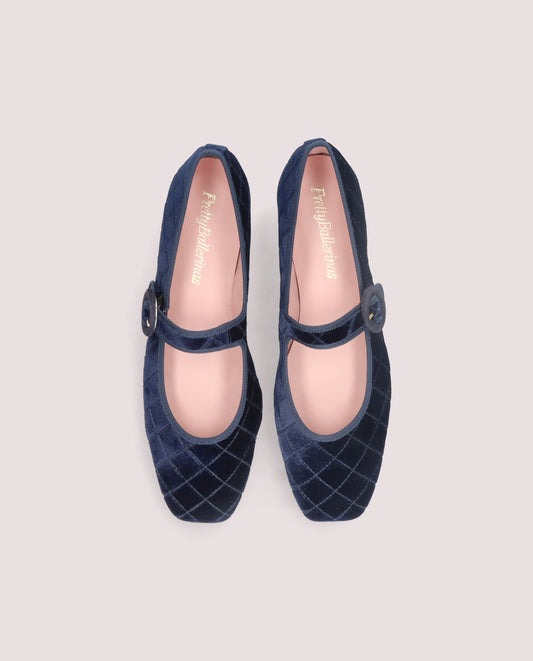 CAMILLE NAVY QUILTED VELVET MARY JANE BALLET FLAT