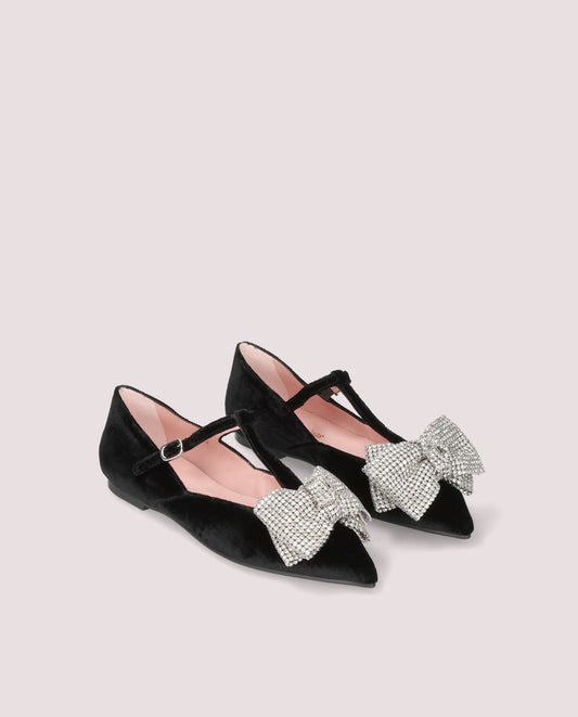 ELLA BLACK VELVET CRYSTAL BOW T-BAR BALLET FLAT