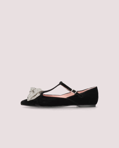 ELLA BLACK VELVET CRYSTAL BOW T-BAR BALLET FLAT