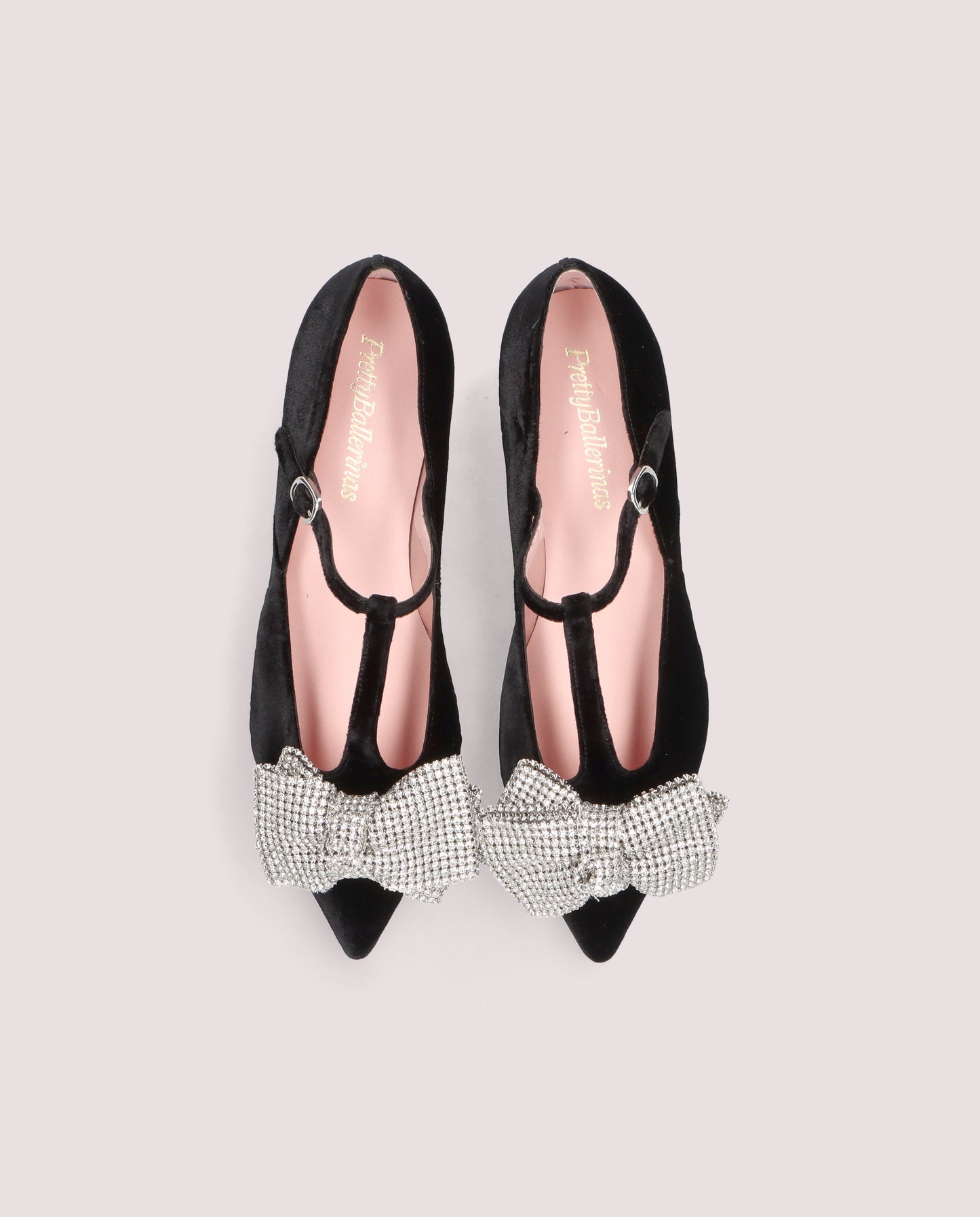 ELLA BLACK VELVET CRYSTAL BOW T-BAR BALLET FLAT