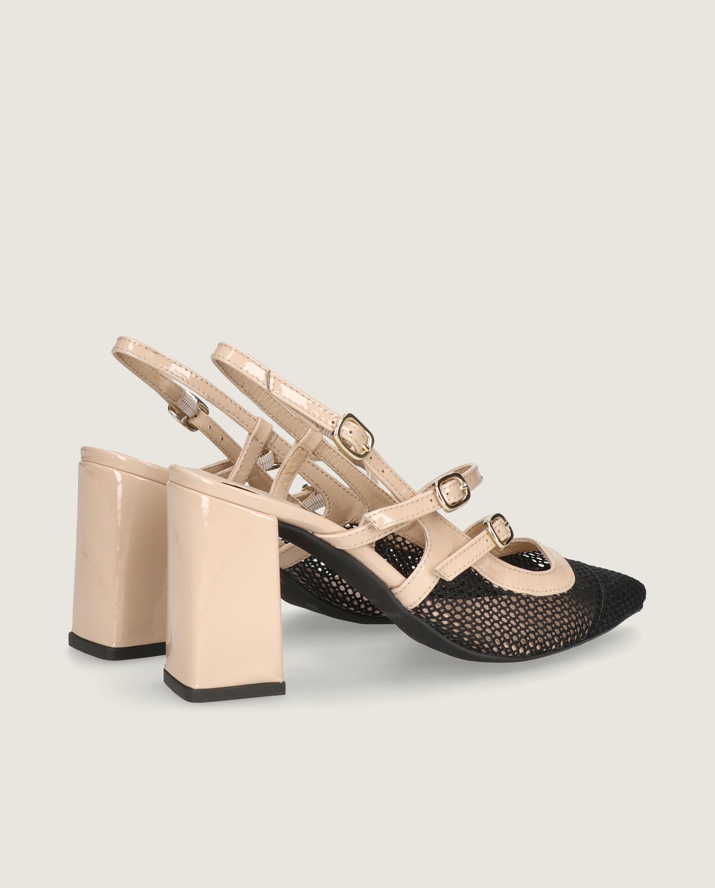 MASCARÃ“ BRIGITTE BLACK MESH NUDE PATENT BLOCK HEEL SLINGBACK