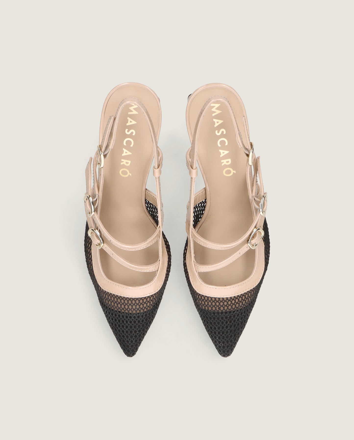 MASCARÓ BRIGITTE BLACK MESH NUDE PATENT BLOCK HEEL SLINGBACK
