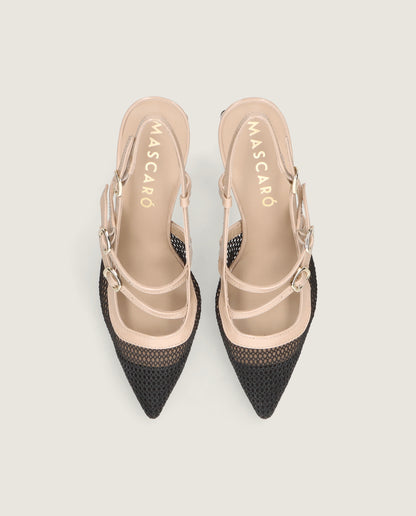 MASCARÓ BRIGITTE BLACK MESH NUDE PATENT BLOCK HEEL SLINGBACK
