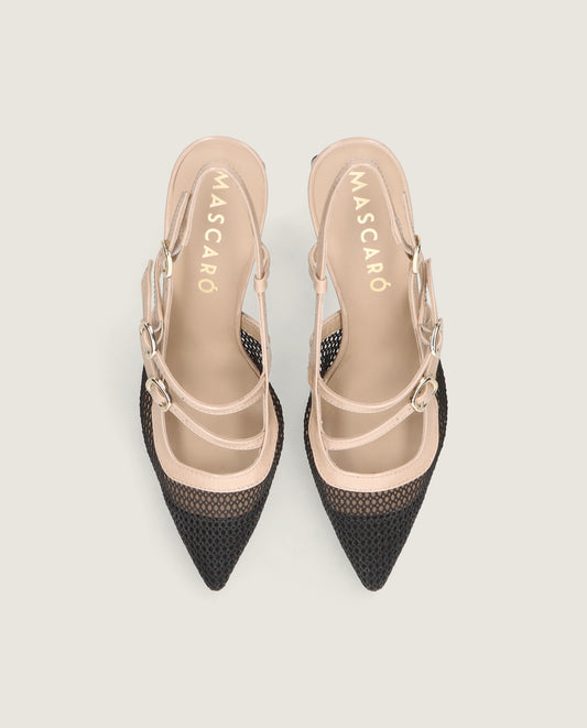 MASCARÓ BRIGITTE BLACK MESH NUDE PATENT BLOCK HEEL SLINGBACK