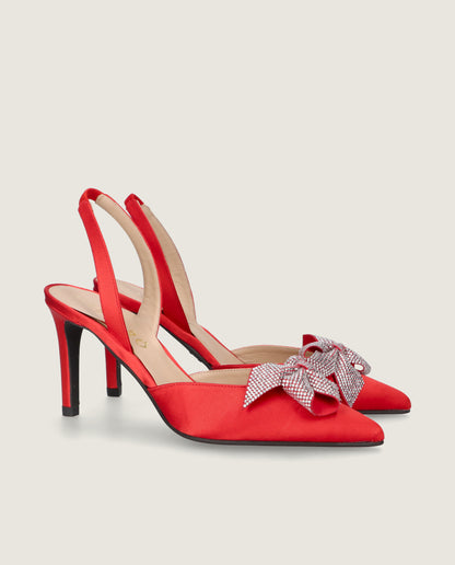 MASCARÓ RITA RED SATIN CRYSTAL BOW SLINGBACK PUMP