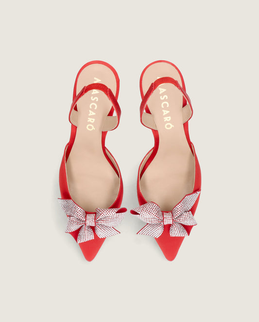 MASCARÓ RITA RED SATIN CRYSTAL BOW SLINGBACK PUMP