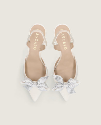 MASCARÓ GRACE IVORY SATIN CRYSTAL BOW SLINGBACK