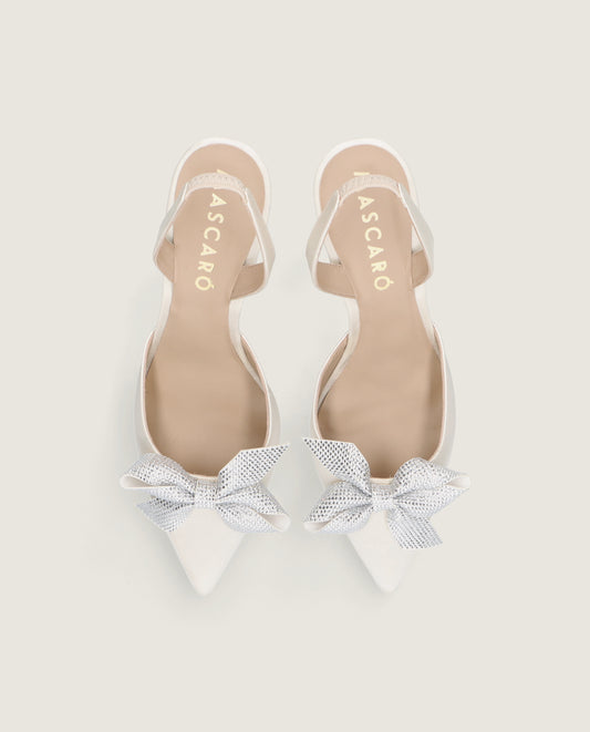 MASCARÓ GRACE IVORY SATIN CRYSTAL BOW SLINGBACK
