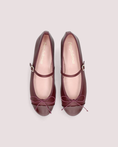 PRETTY BALLERINAS LEA BURGUNDY LEATHER PATENT CAP TOE MARY JANE BALLET FLAT