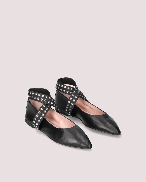 JENDAYI BLACK LEATHER EYELET CROSS-STRAP BALLET FLAT