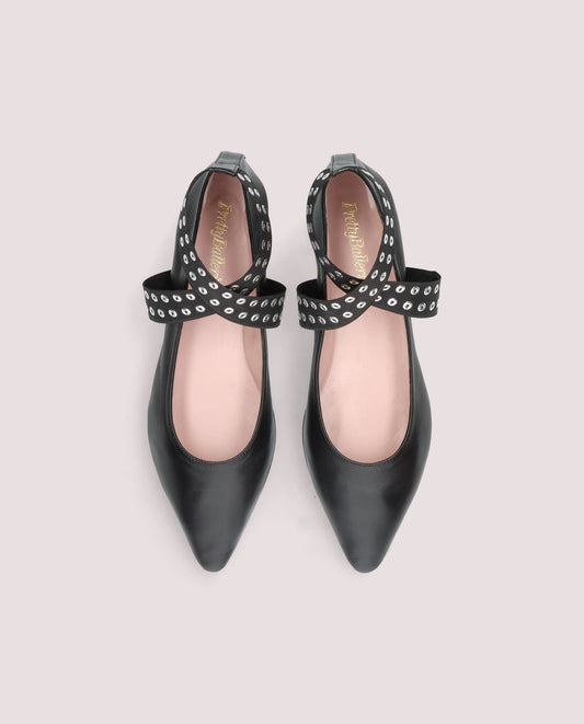 JENDAYI BLACK LEATHER EYELET CROSS-STRAP BALLET FLAT