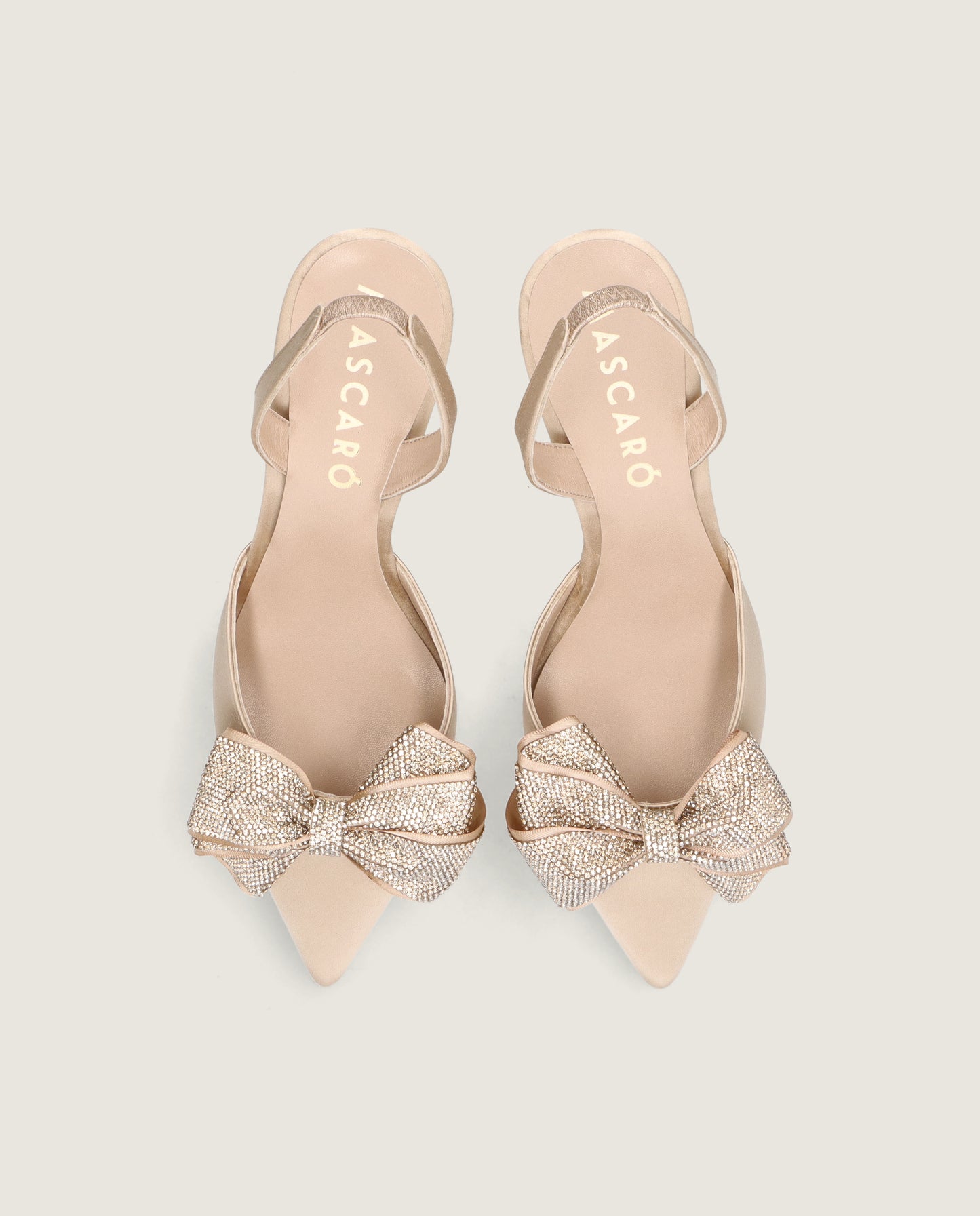MASCARÓ GRACE CHAMPAGNE SATIN CRYSTAL BOW SLINGBACK