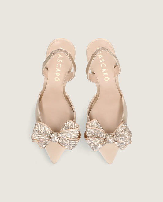 MASCARÓ GRACE CHAMPAGNE SATIN CRYSTAL BOW SLINGBACK