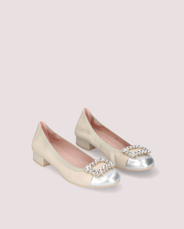 NICOLE CREAM LEATHER SILVER CAP TOE CRYSTAL BUCKLE LOW HEEL BALLET FLAT
