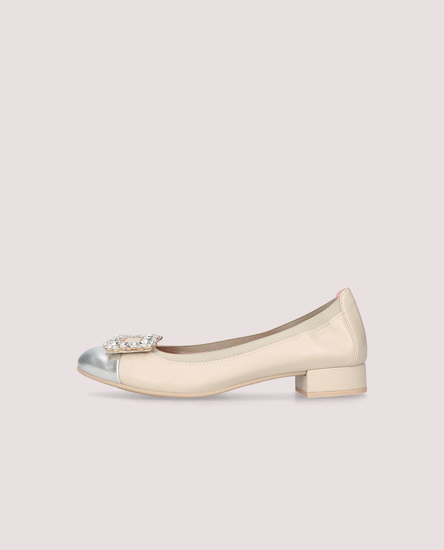 NICOLE CREAM LEATHER SILVER CAP TOE CRYSTAL BUCKLE LOW HEEL BALLET FLAT