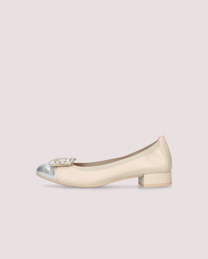 NICOLE CREAM LEATHER SILVER CAP TOE CRYSTAL BUCKLE LOW HEEL BALLET FLAT