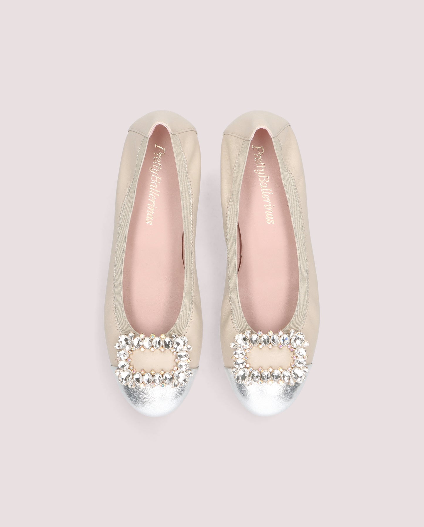 NICOLE CREAM LEATHER SILVER CAP TOE CRYSTAL BUCKLE LOW HEEL BALLET FLAT