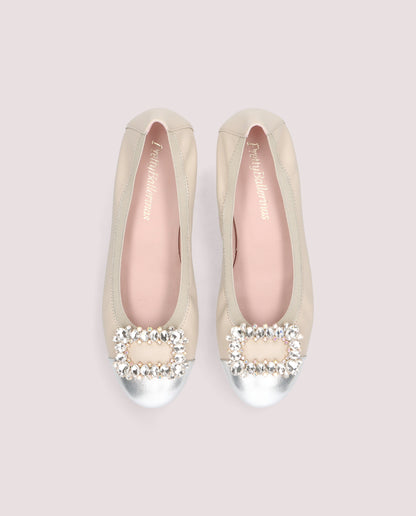 NICOLE CREAM LEATHER SILVER CAP TOE CRYSTAL BUCKLE LOW HEEL BALLET FLAT