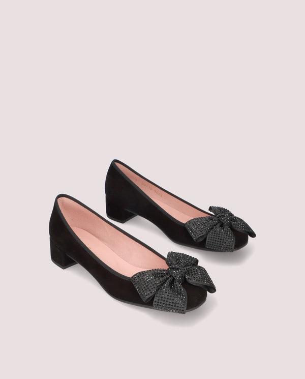NICOLE BLACK SUEDE CRYSTAL BOW LOW HEEL BALLET FLAT