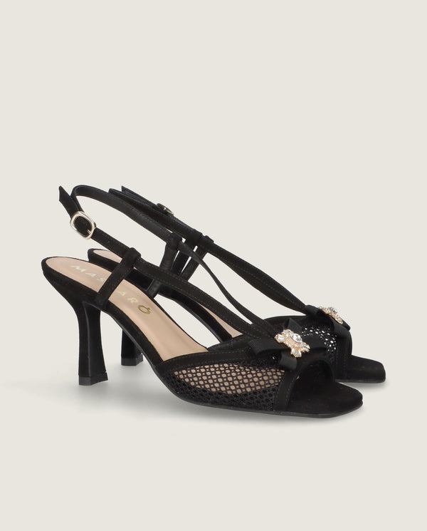 MASCARÓ AVA CRYSTAL MESH SUEDE SLINGBACK HEEL